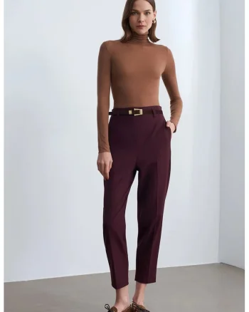 Pantaloni dama,  crep, talie inalta, rosu burgundy, casual