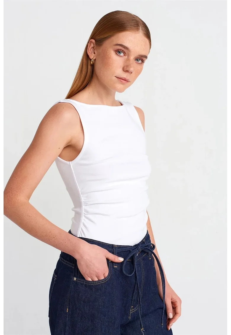 Bluza dama,  jerseu fara maneci, alb, bumbac-elastan