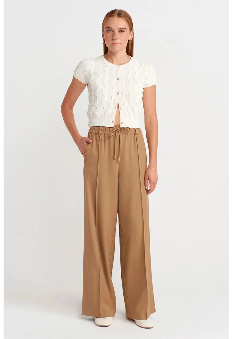 Pantaloni dama,  Wide-Leg, casual, maro camel, crepe cu snur