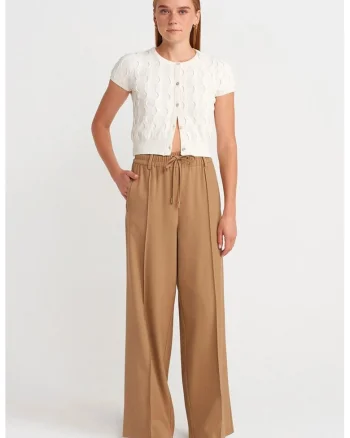 Pantaloni dama,  Wide-Leg, casual, maro camel, crepe cu snur