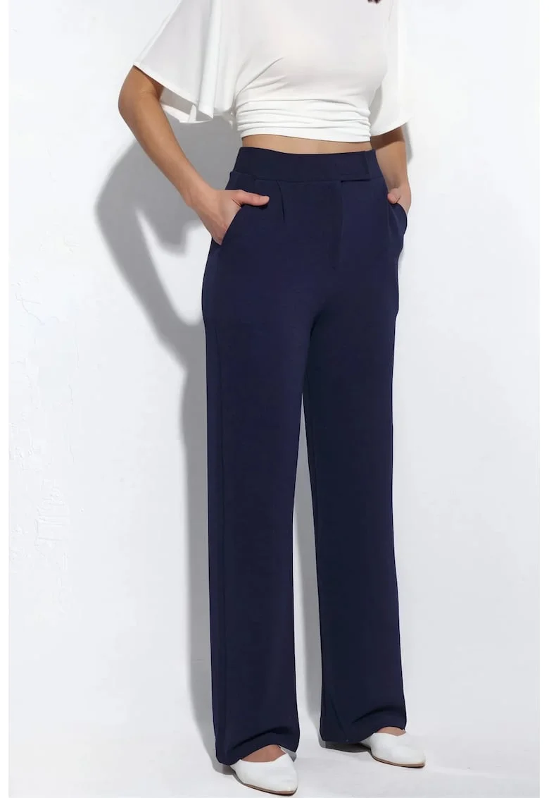 Pantaloni dama  talie inalta, croiala dreapta, albastru marin, poliester-elastan