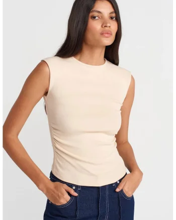 Tricou dama  slim fit, bej natural, bumbac cu elastan