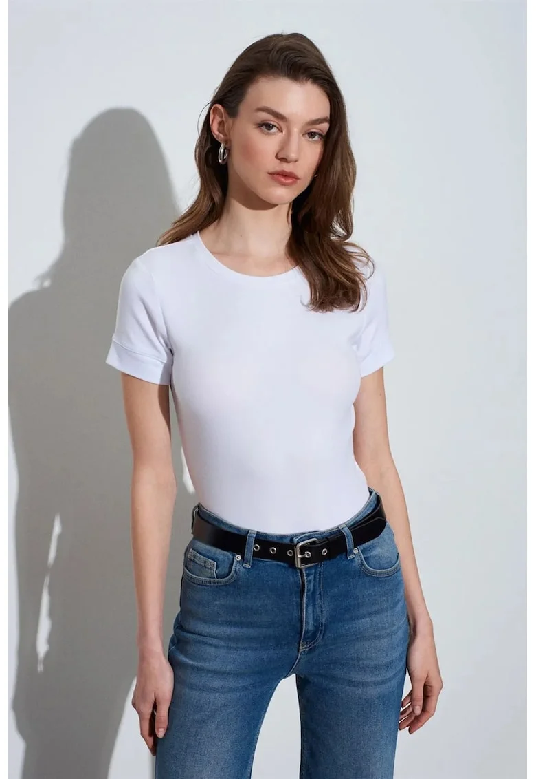 Tricou dama,  tricou cu guler rotund, slim fit, alb, bumbac-modal-elastan