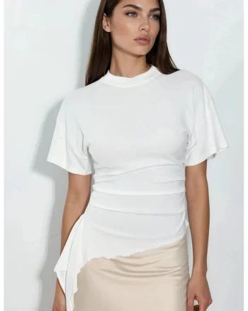 Bluza dama  supradimensionata, casual, alb, tricotat cu drapaj