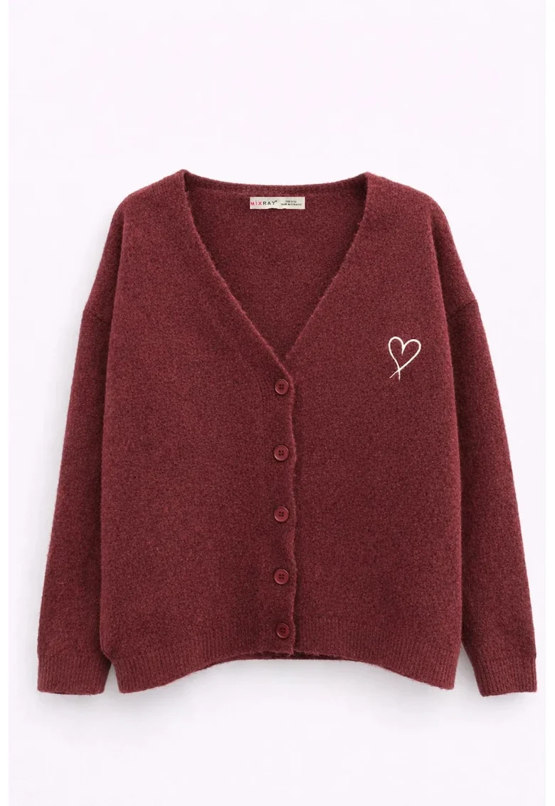 Cardigan,  supradimensionat, rosu burgundy, tricotaj cu broderie,