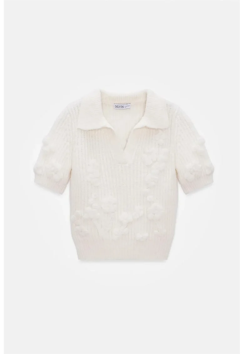 Pulover dama,  cu guler polo, texturat, Ivory Natural, acrilic, poliamida, poliester,