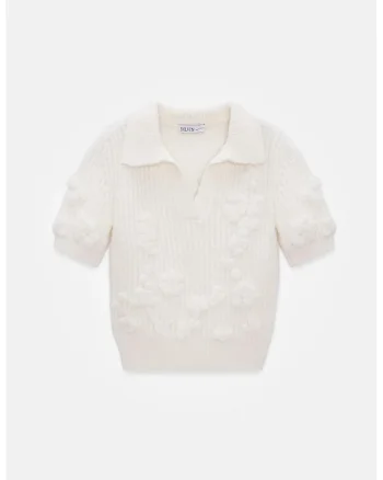 Pulover dama,  cu guler polo, texturat, Ivory Natural, acrilic, poliamida, poliester,