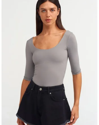 Tricou  slim fit, elastic, gri, nailon si elastan