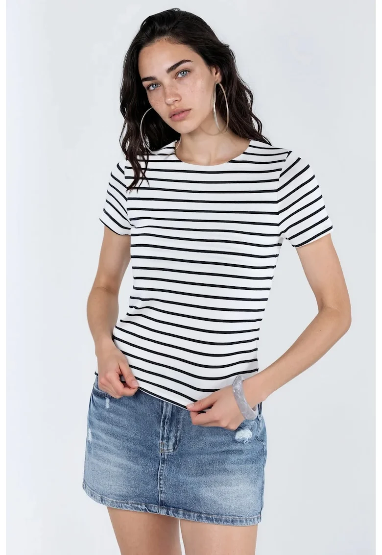 Tricou dama,  tricou din bumbac cu dungi, alb, maneca scurta, regular fit,