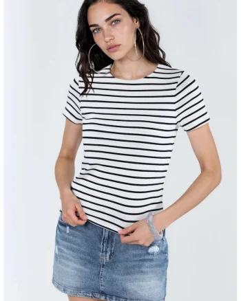 Tricou dama,  tricou din bumbac cu dungi, alb, maneca scurta, regular fit,
