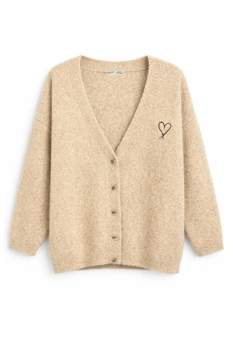 Cardigan tricotat supradimensionat,  detaliu inima, bej natural, poliester-acril-lana,