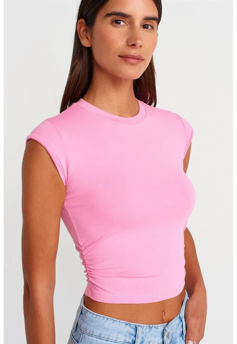 Tricou crop  slim fit, roz aprins, bumbac/modal/elastan
