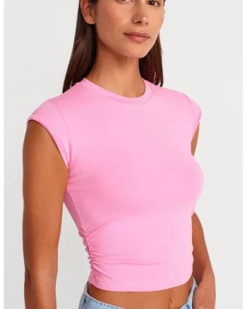 Tricou crop  slim fit, roz aprins, bumbac/modal/elastan