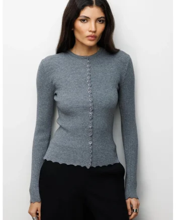 Cardigane, Femei, Cardigan tricotat reiat cu nasturi  Gri, S INTL,