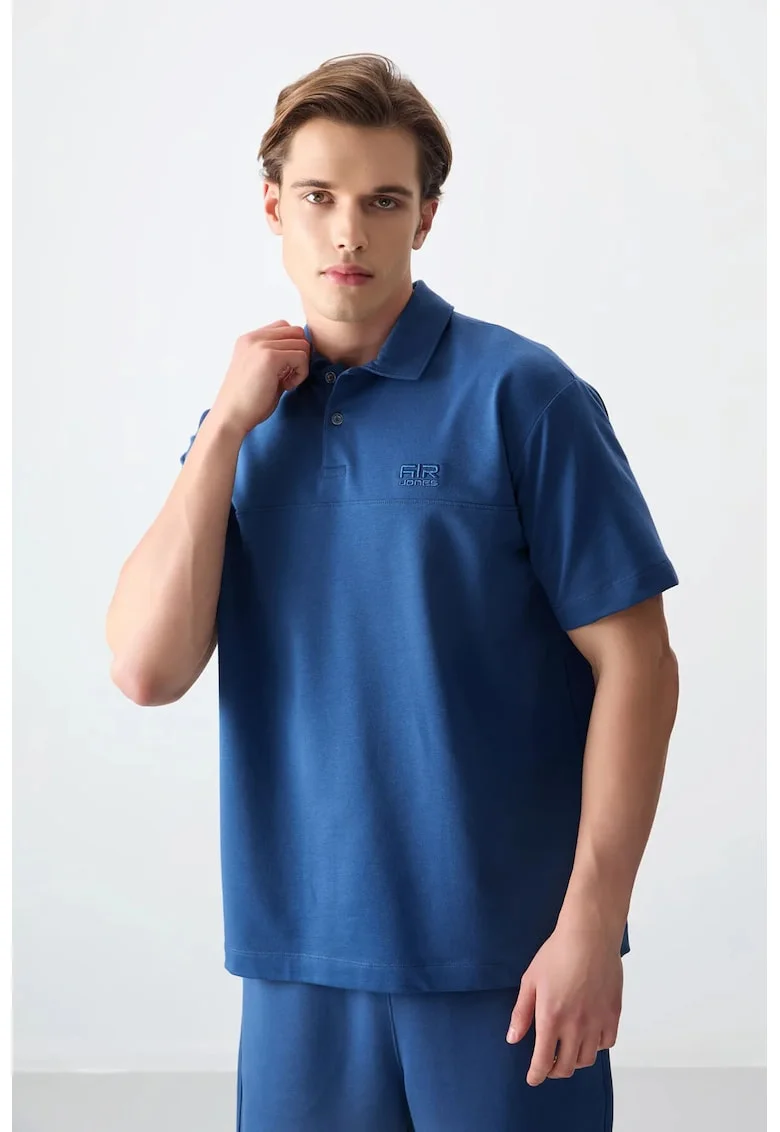 Tricou  oversized, guler polo, albastru marocan, bumbac, poliester, lycra