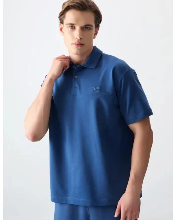 Tricou  oversized, guler polo, albastru marocan, bumbac, poliester, lycra