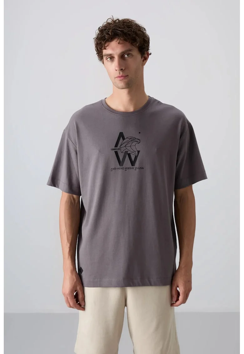 Tricou barbatesc  gri antracit, imprimeu logo, 65% bumbac, 35% poliester