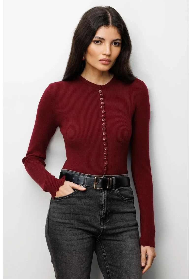 Cardigan tricotat cu nasturi,  rosu burgund, poliester, maneci lungi,