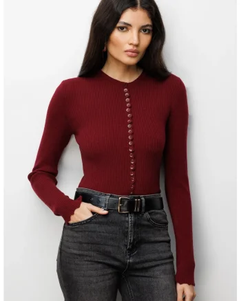 Cardigan tricotat cu nasturi,  rosu burgund, poliester, maneci lungi,
