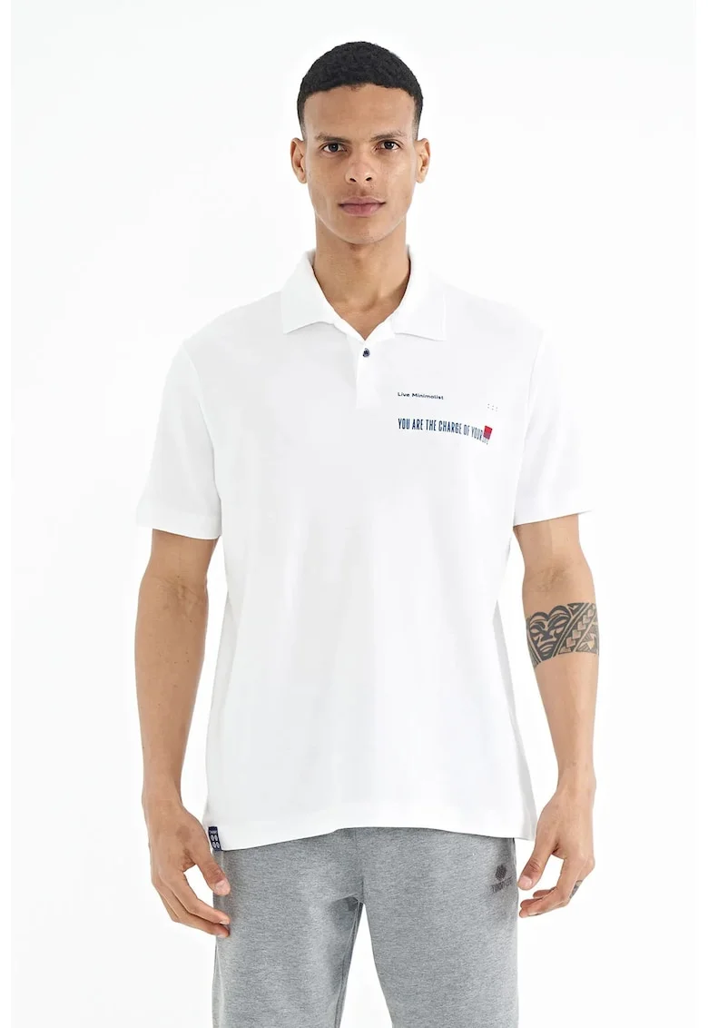 Tricou Polo  bumbac, imprimeu text, alb, pentru barbati