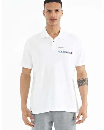 Tricou Polo  bumbac, imprimeu text, alb, pentru barbati