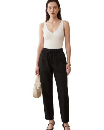 Pantaloni dama,  gabardina, talie cu snur, negru, bumbac