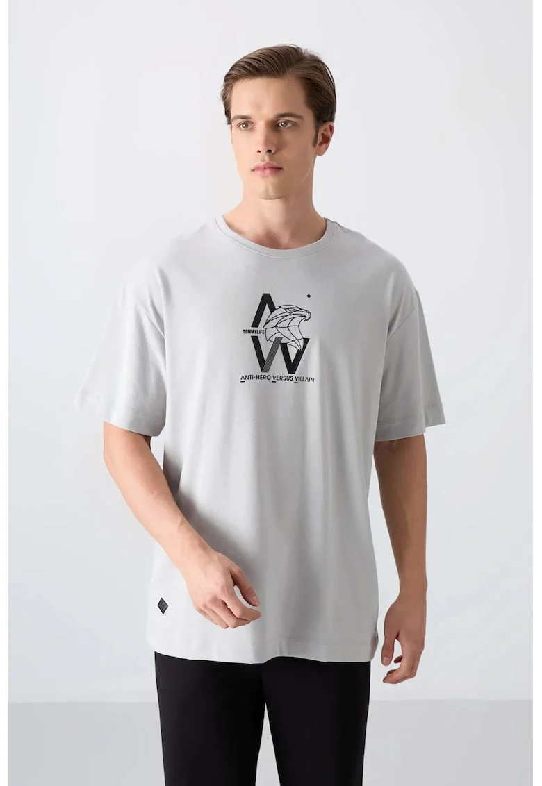 Tricou barbatesc  gri deschis, imprimeu logo, 65% bumbac, 35% poliester