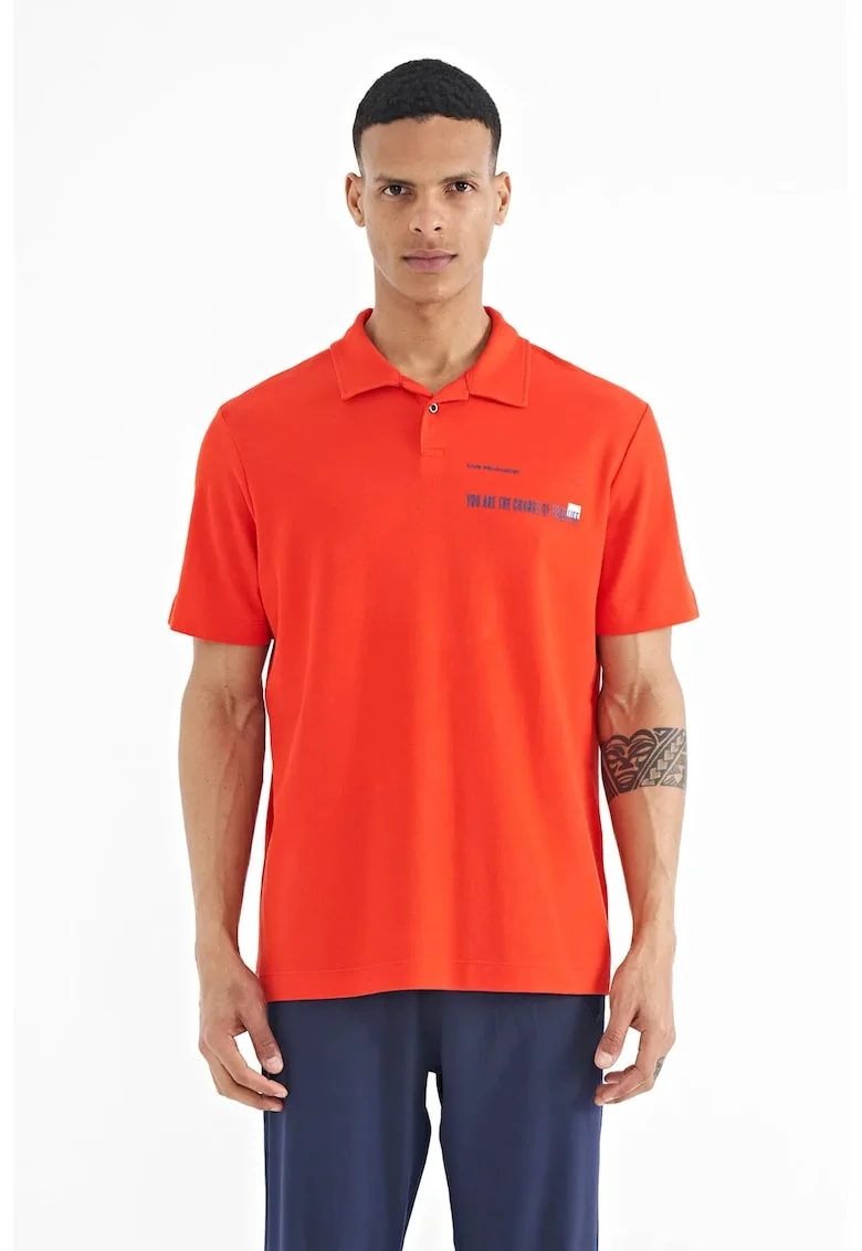 Tricou Polo  barbati, imprimeu text, portocaliu, 100% bumbac