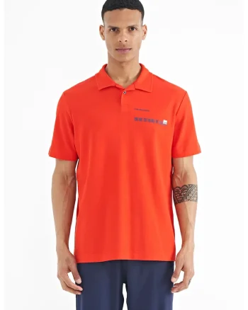 Tricou Polo  barbati, imprimeu text, portocaliu, 100% bumbac