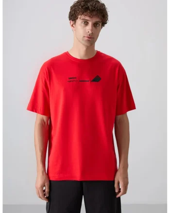 Tricou  supradimensionat, rosu, bumbac-poliester, imprimat pe spate