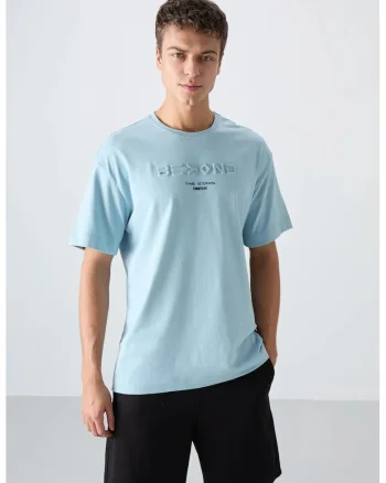 Tricou barbati,  supradimensionat, albastru deschis, bumbac-poliester