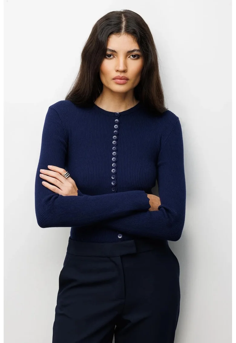 Cardigan tricotat cu nasturi  albastru marin, poliester, maneci lungi,