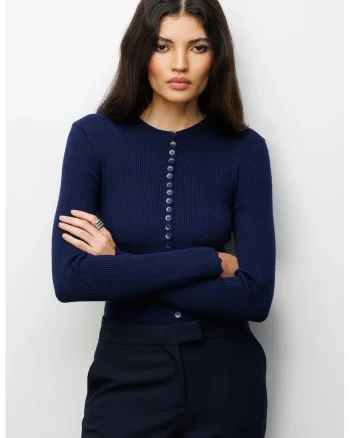 Cardigan tricotat cu nasturi  albastru marin, poliester, maneci lungi,