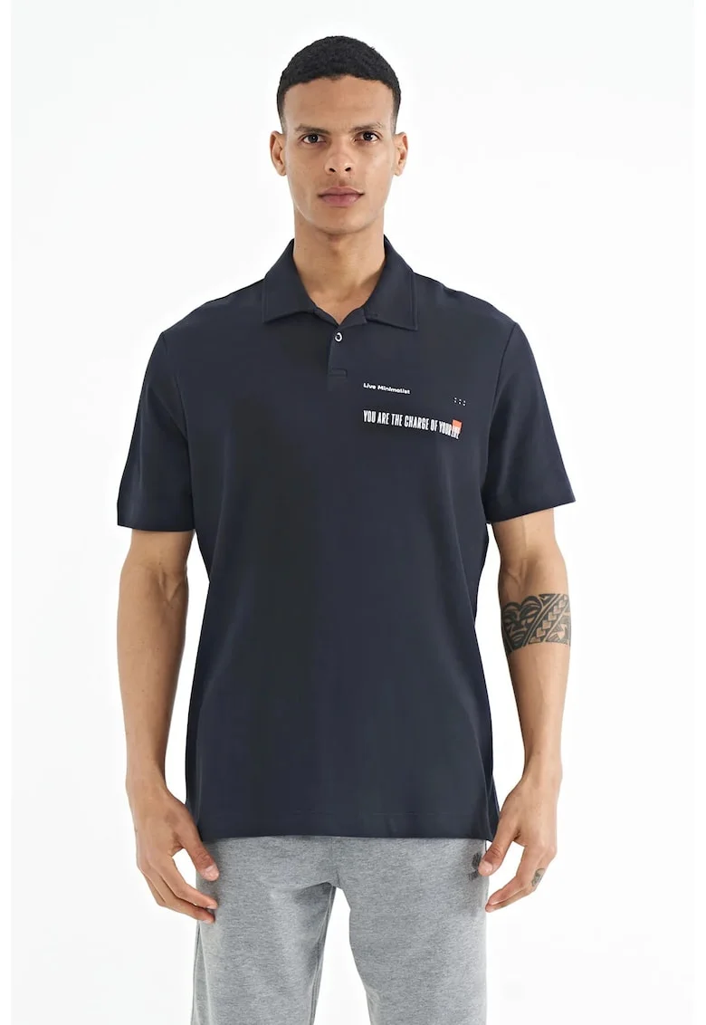 Tricou Polo  pentru Barbati, cu imprimeu, bleumarin, bumbac
