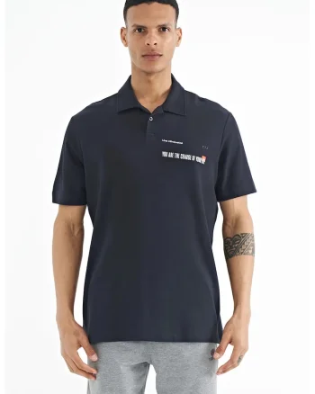 Tricou Polo  pentru Barbati, cu imprimeu, bleumarin, bumbac