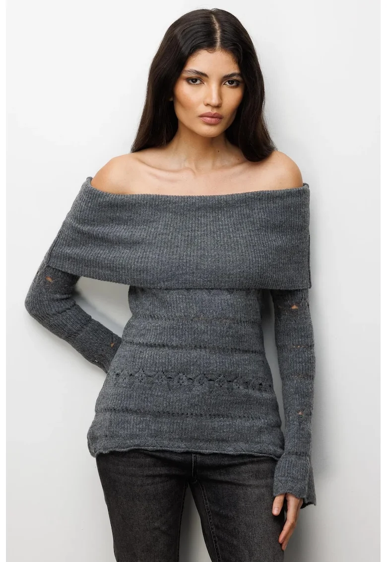 Pulover dama  cu umeri goi, gri inchis, 100% poliester