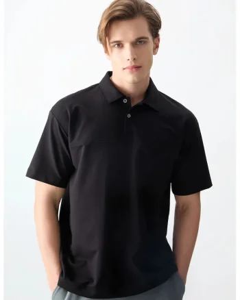 Tricou Polo  Oversized, Negru, Bumbac, Poliester, Lycra
