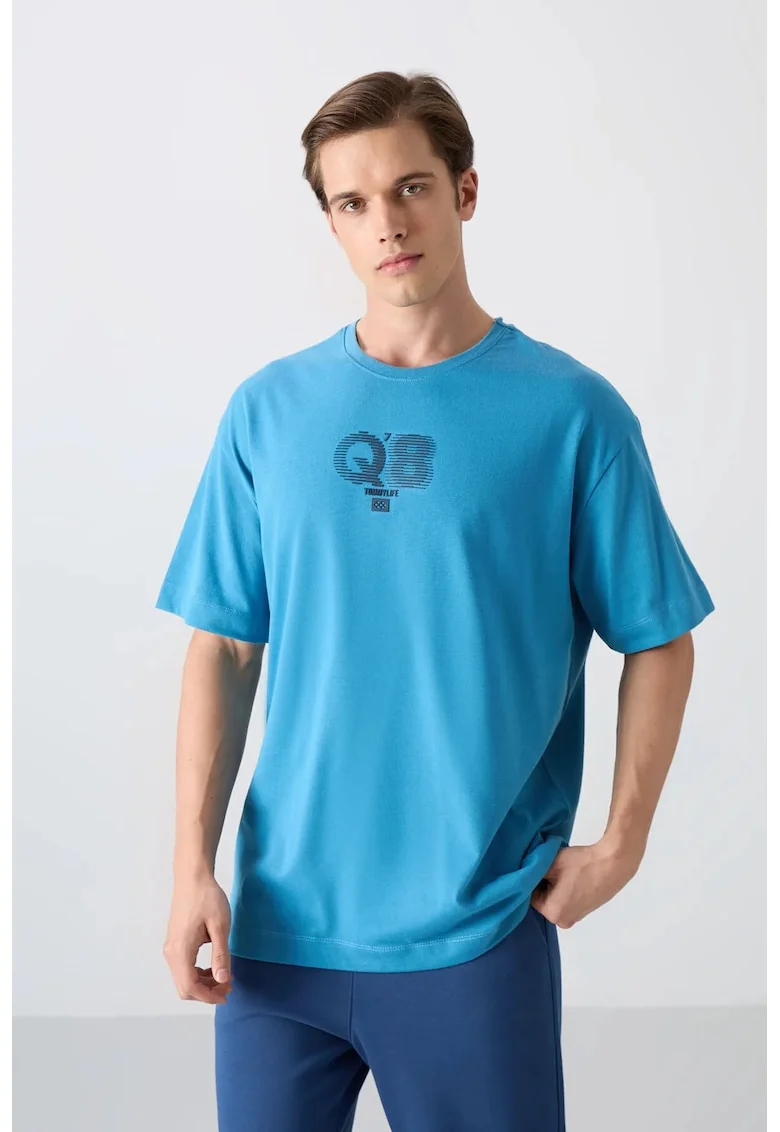 Tricou barbati,  supradimensionat, guler rotund, albastru, bumbac si poliester