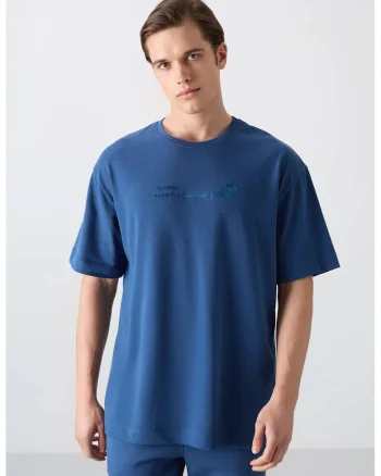Tricou  supradimensionat, imprimat pe spate, Albastru Moroccan, bumbac-poliester