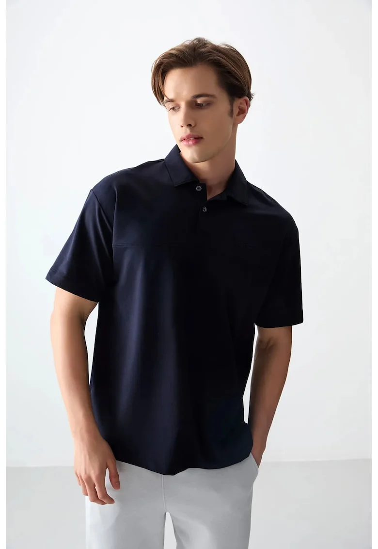 Tricou  supradimensionat cu guler polo, Albastru marin, bumbac, poliester, lycra