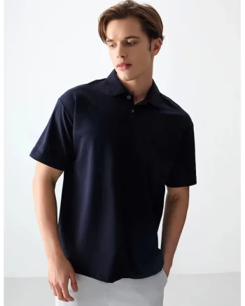 Tricou  supradimensionat cu guler polo, Albastru marin, bumbac, poliester, lycra
