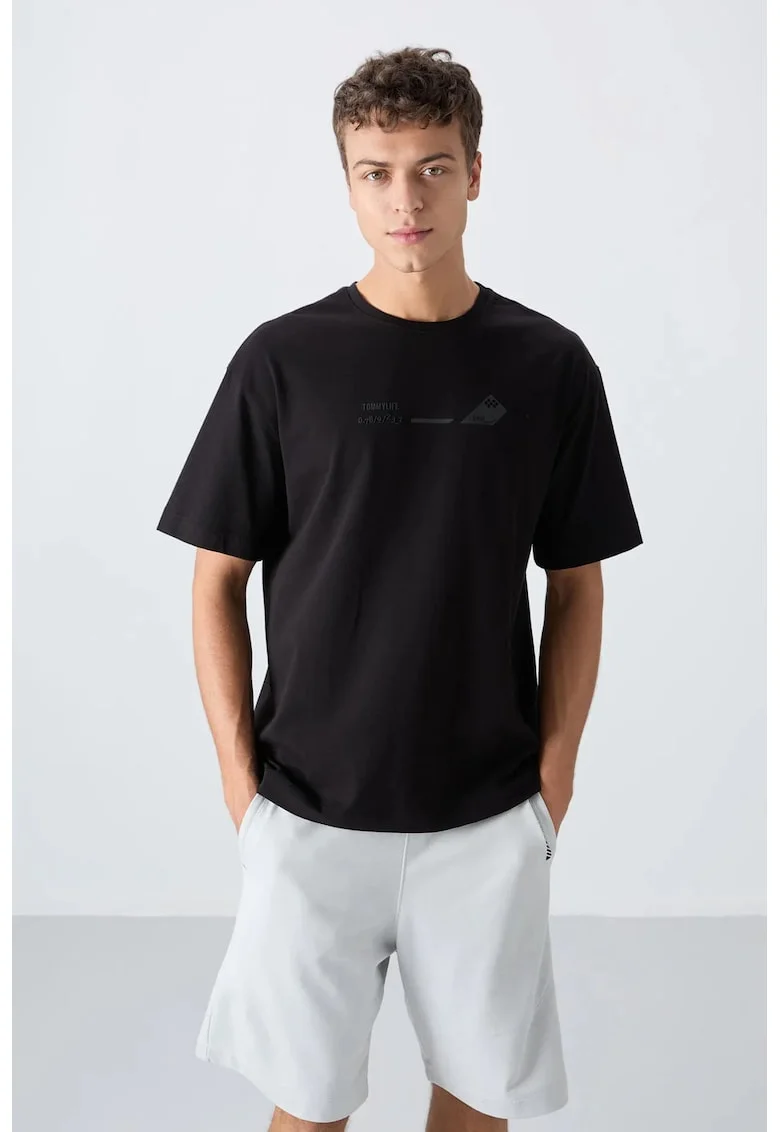 Tricou  supradimensionat, negru, bumbac-poliester, imprimeu uni