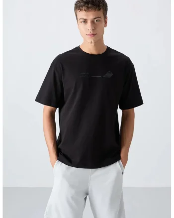 Tricou  supradimensionat, negru, bumbac-poliester, imprimeu uni