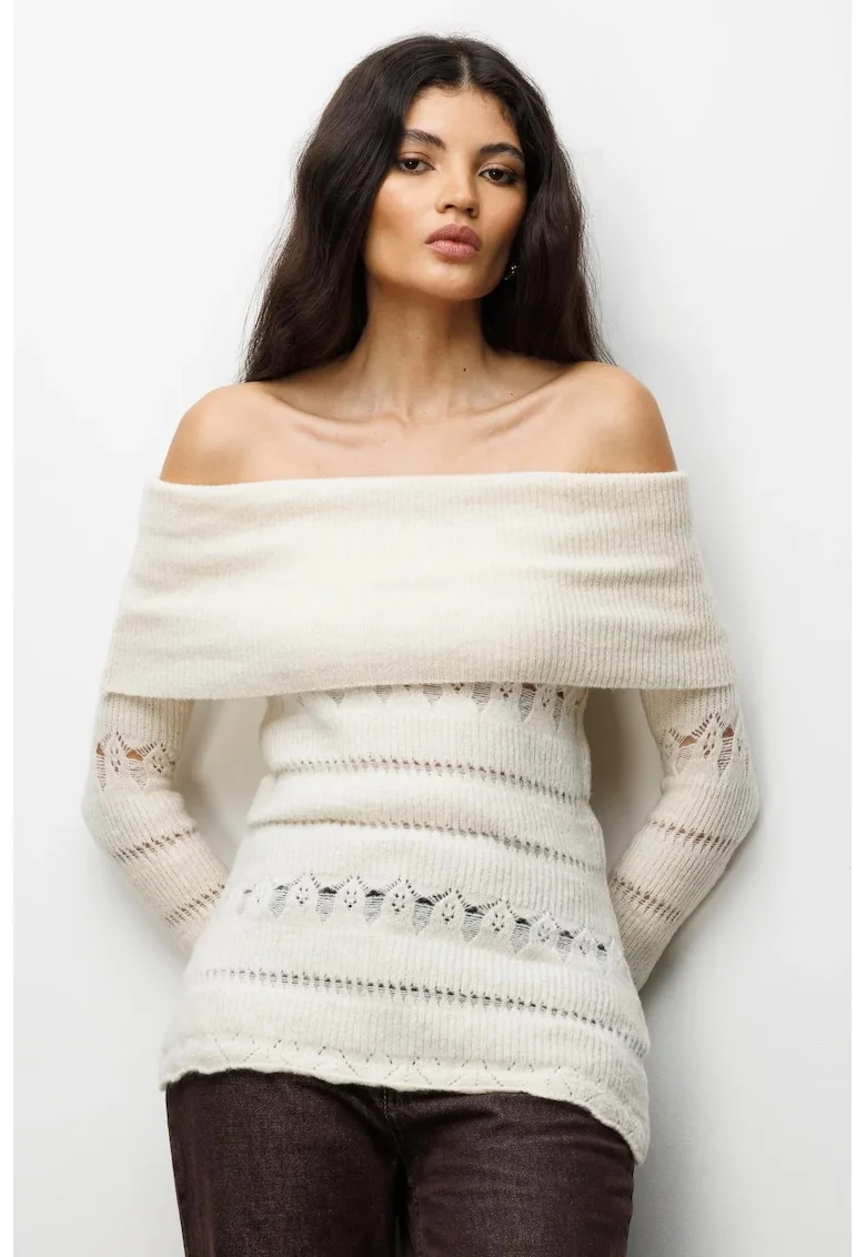 Pulover dama  cu umeri goi, textura raiata, natural, 100% poliester,