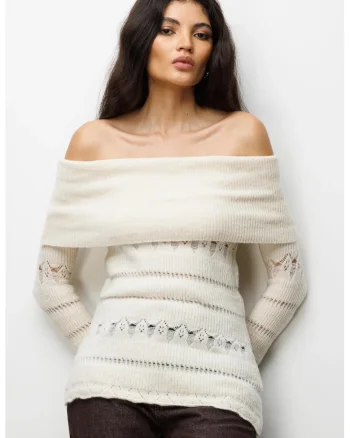 Pulover dama  cu umeri goi, textura raiata, natural, 100% poliester,