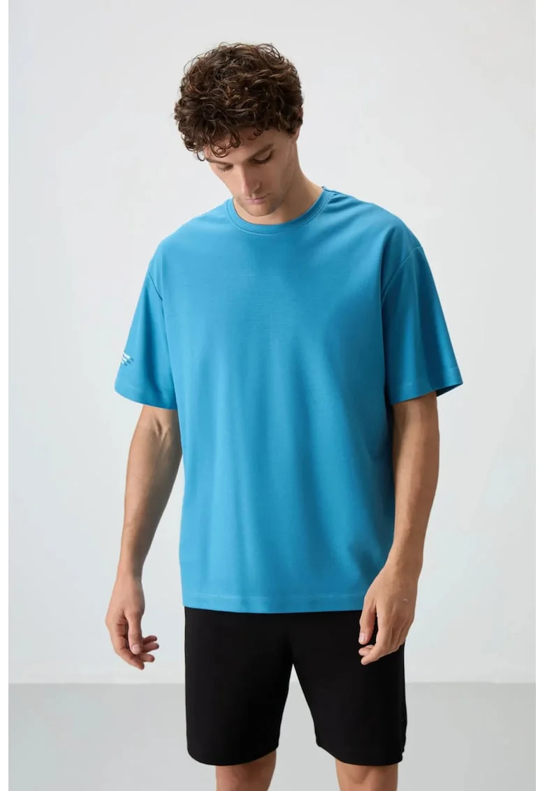 Tricou  supradimensionat, imprimeu spate, Albastru Cerulean, 80% bumbac, 20% poliester