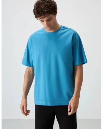 Tricou  supradimensionat, imprimeu spate, Albastru Cerulean, 80% bumbac, 20% poliester