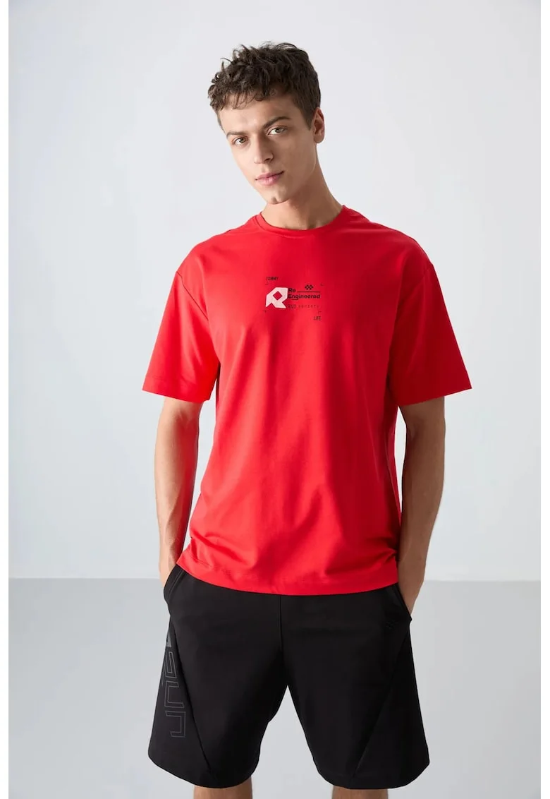 Tricou supradimensionat,  rosu, bumbac, poliester, lycra, imprimeu logo pe spate
