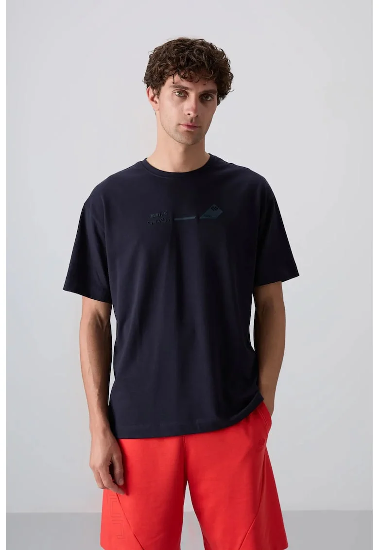Tricou  supradimensionat, cu guler rotund, imprimat pe spate, Albastru marin, bumbac-poliester