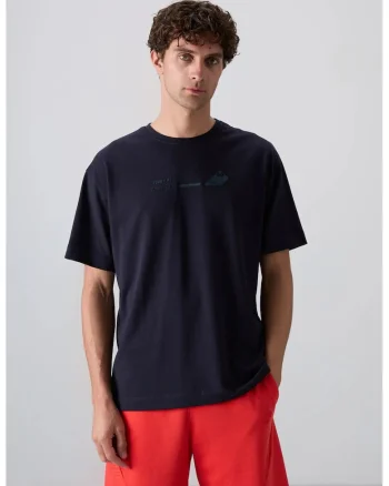 Tricou  supradimensionat, cu guler rotund, imprimat pe spate, Albastru marin, bumbac-poliester